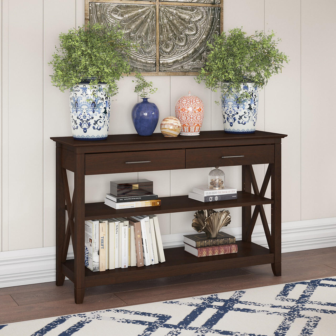 Bush Business Furniture Bush Furniture Key West Console Table with Drawers and Shelves 