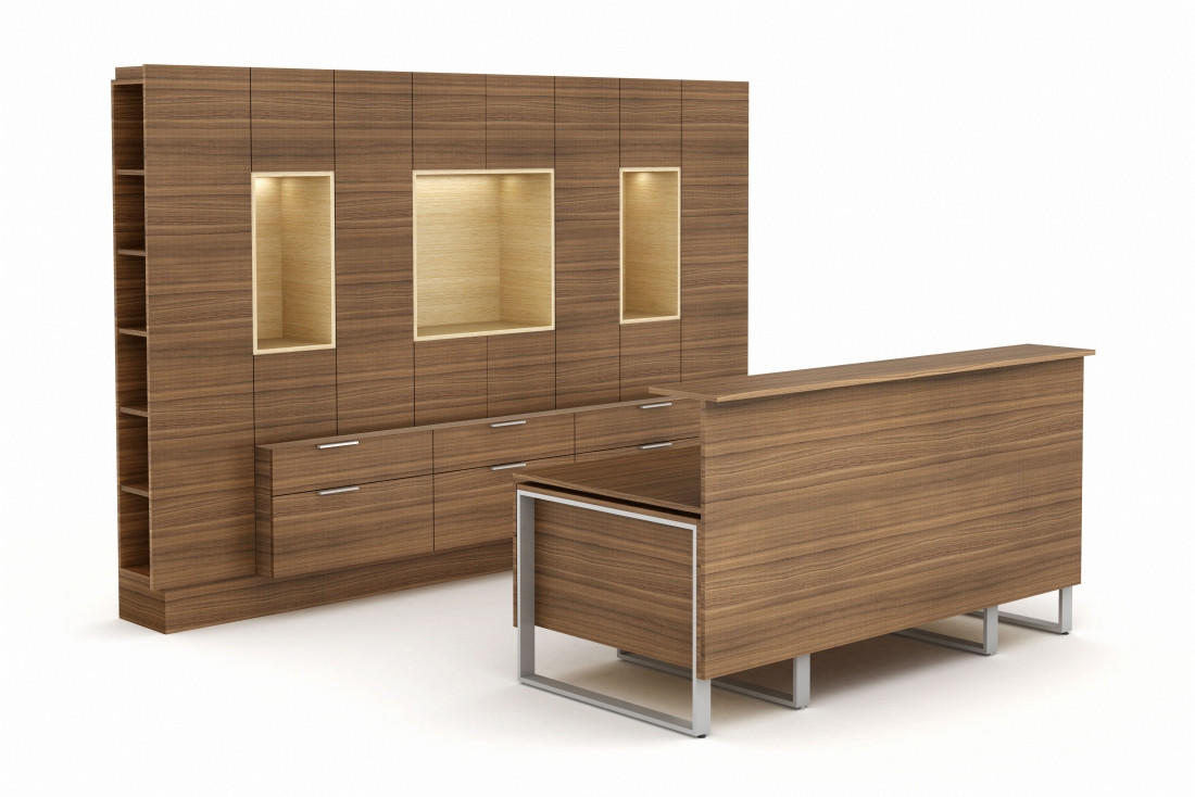 Global Total Office Global Foundations Contemporary Wood Veneer Reception Desk and Wall Storage Cabinet Configuration 