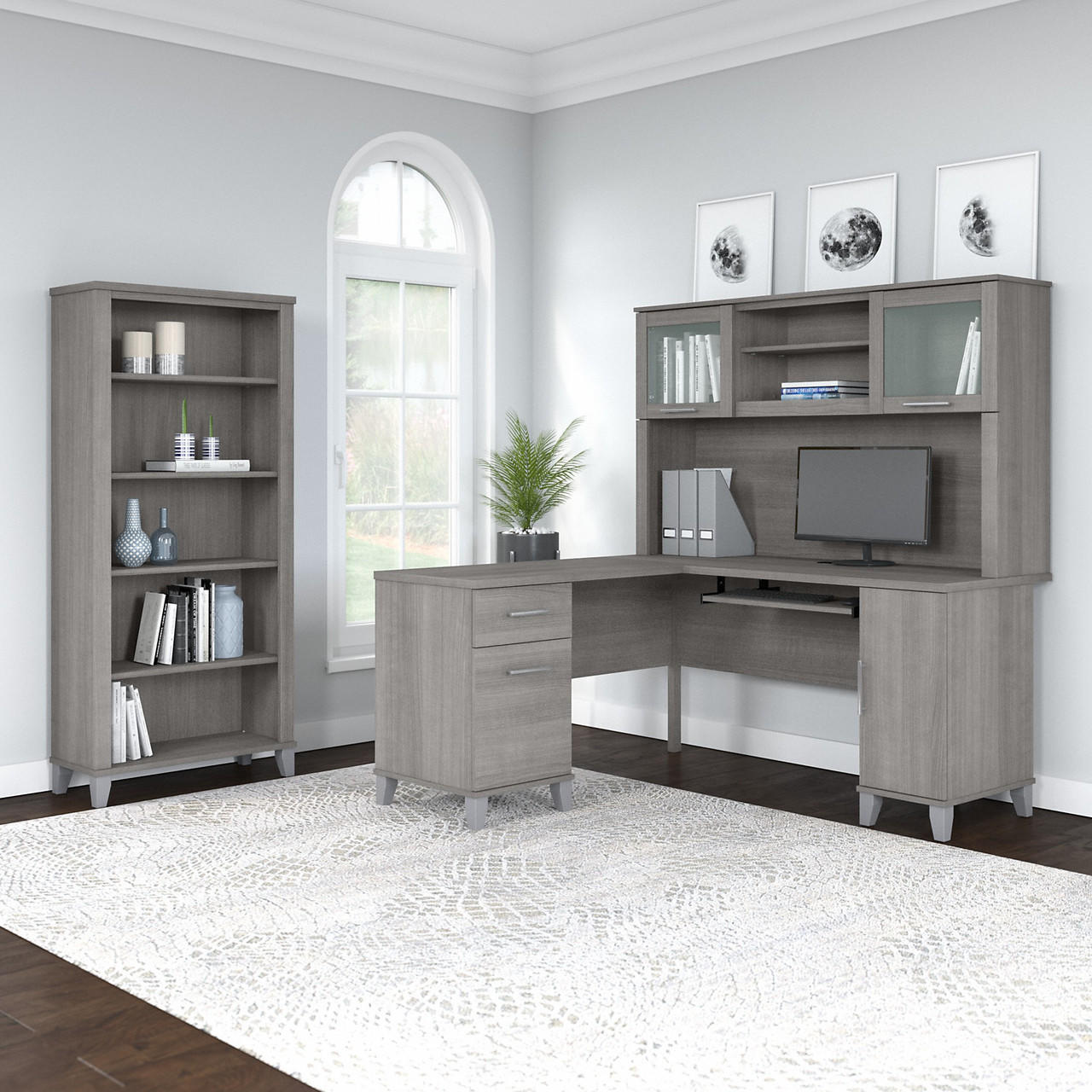 Bush Business Furniture Bush Furniture Somerset 60W L Shaped Desk with Hutch and 5 Shelf Bookcase 