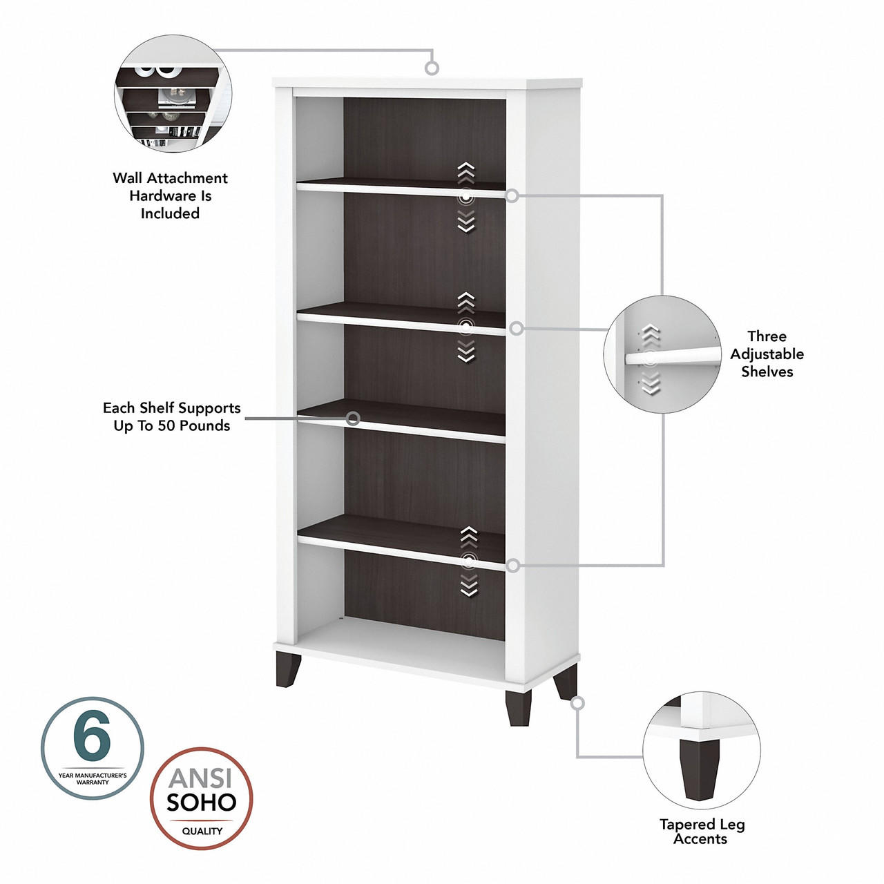 Bush Business Furniture Bush Furniture Somerset Tall 5 Shelf Bookcase in White and Storm Gray 