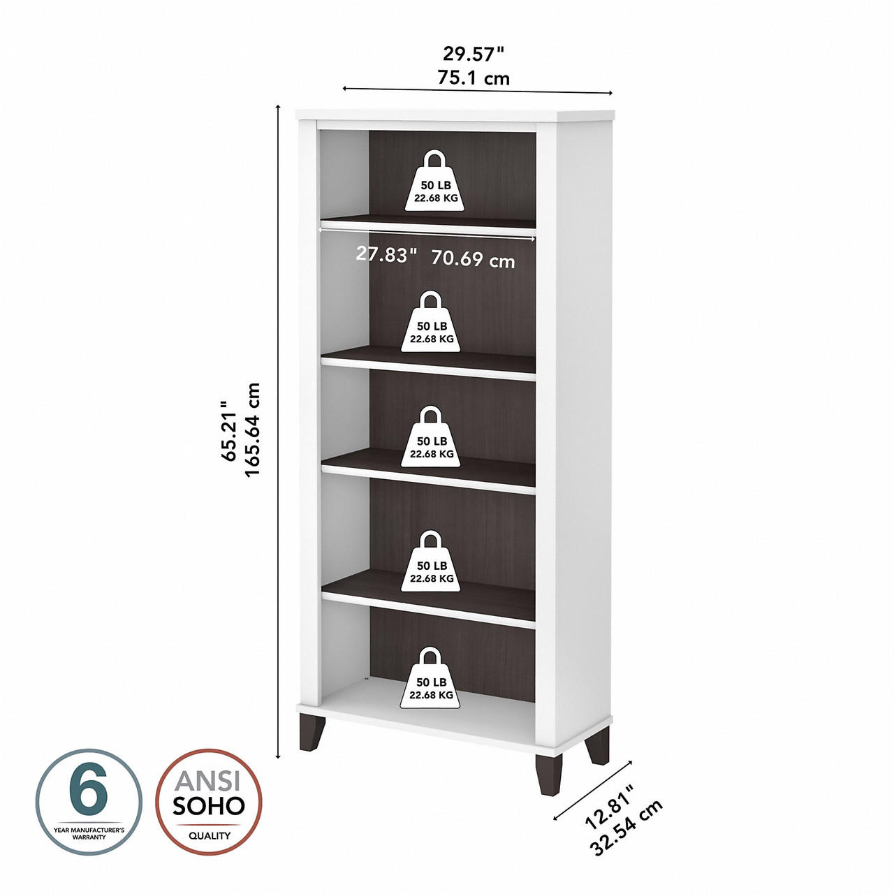 Bush Business Furniture Bush Furniture Somerset Tall 5 Shelf Bookcase in White and Storm Gray 