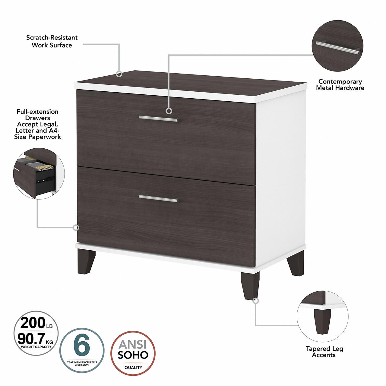 Bush Business Furniture Bush Furniture Somerset 2 Drawer Lateral File Cabinet in White and Storm Gray 