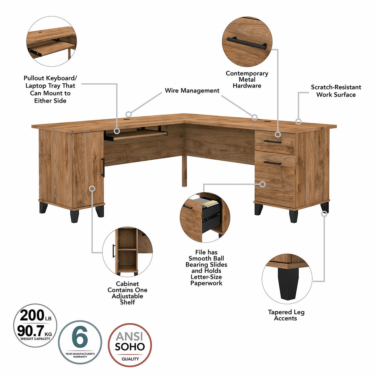 Bush Business Furniture Bush Furniture Somerset 72W L Shaped Desk with Storage in Fresh Walnut 