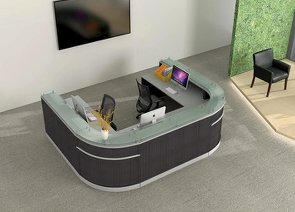 Office Source Cosmo 2 Person Curved Guest Reception Desk with Floating Glass Transaction Counter
