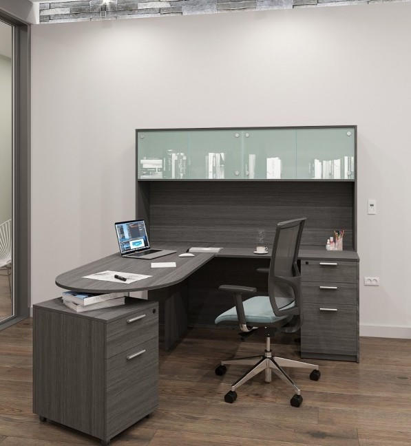  i5 Industries Contemporary L-Desk with Glass Door Hutch and Mobile File 