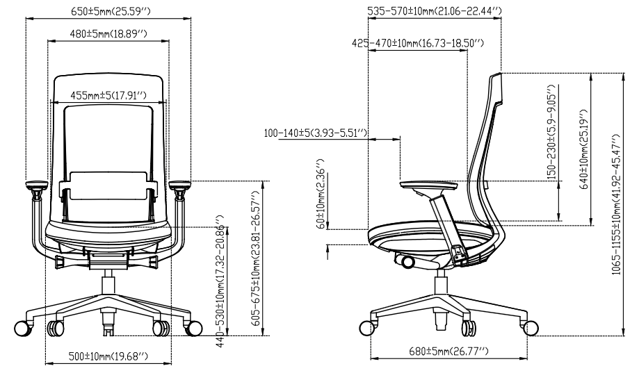 eurotech elevate chair dimensions line drawing