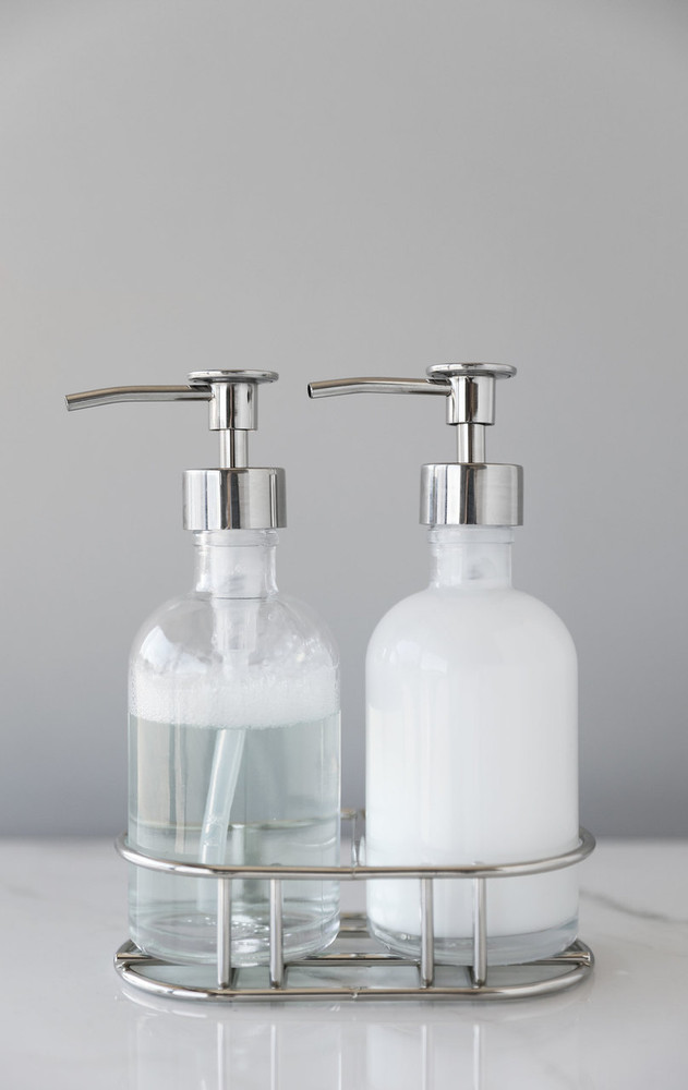 Perfect Pair Glass Clear Soap Dispenser Set with Chrome Caddy Perfect Pair Glass Clear Soap Dispenser Set with Chrome Caddy
