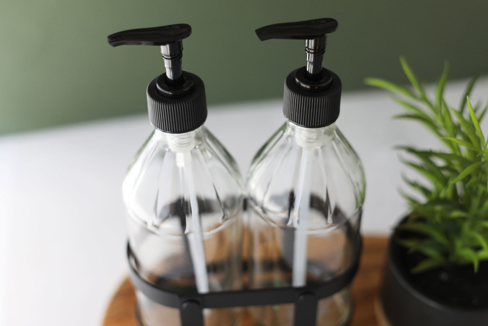 Vintage Kitchen Dish Soap + Hand Soap Dispenser Set with Black Metal Stand  / Caddy - RAIL19