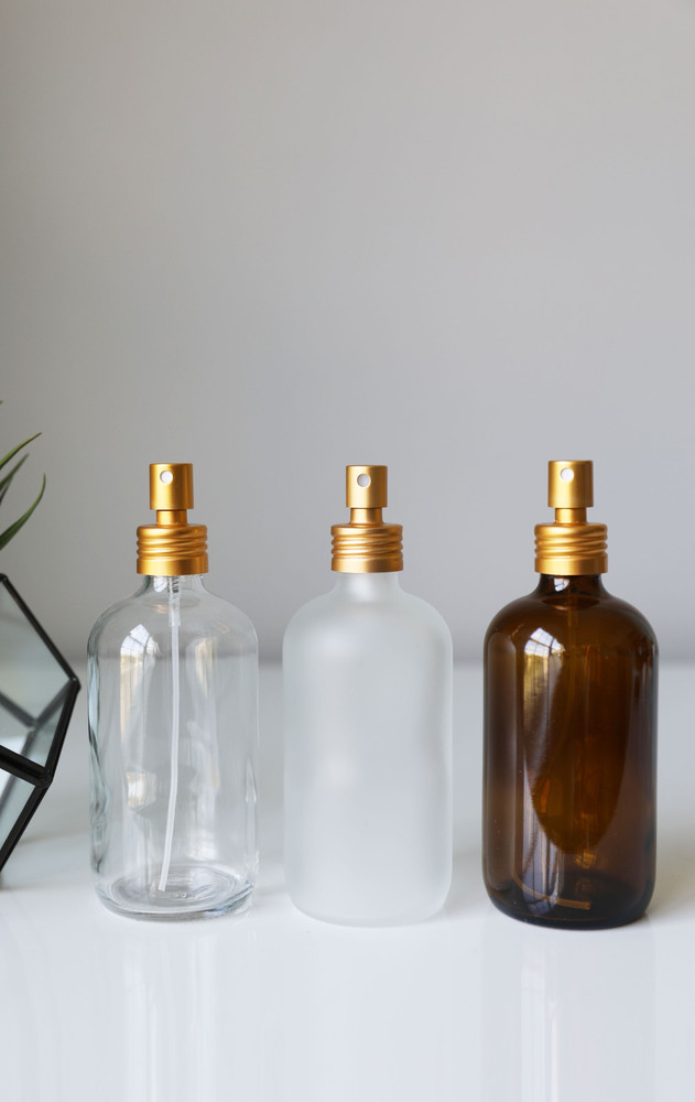 Apothecary Clear Glass Mist Spray Bottle with Gold Aluminum Sprayer Apothecary Clear Glass Mist Spray Bottle with Gold Aluminum Sprayer