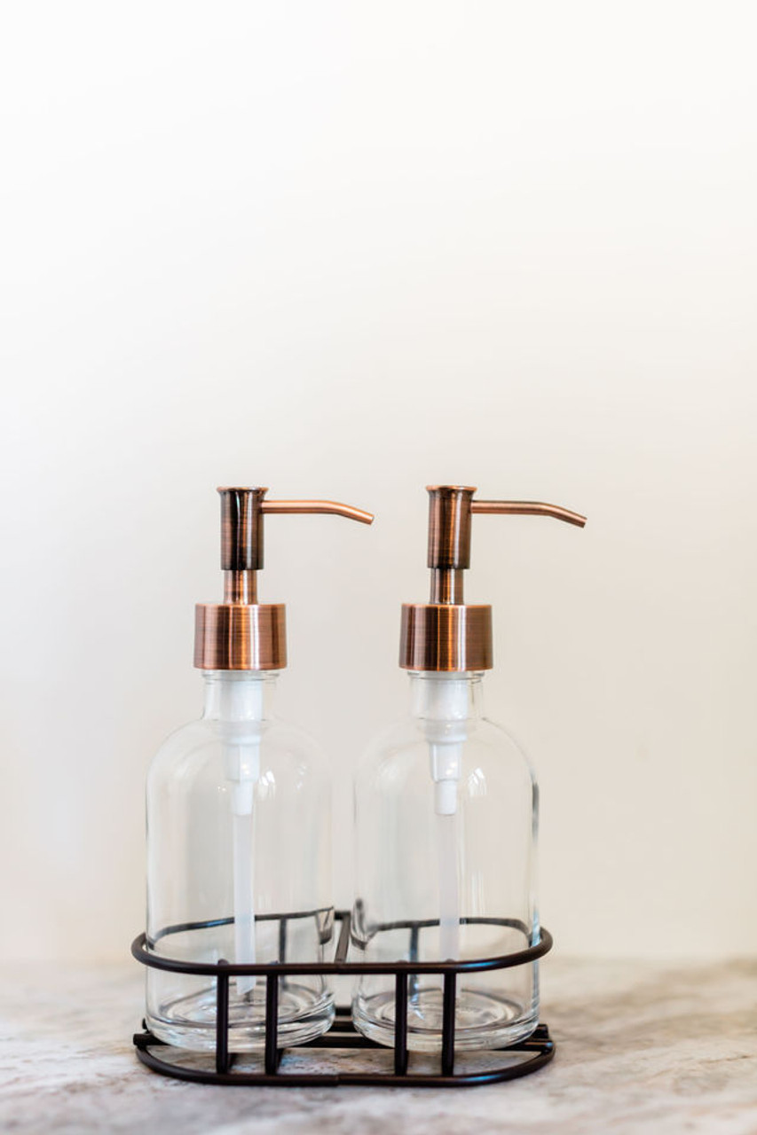 Soap Dispenser Set With Caddy Glass Soap Dispenser With Metal Soap Pump Set  W/ Metal Stand 