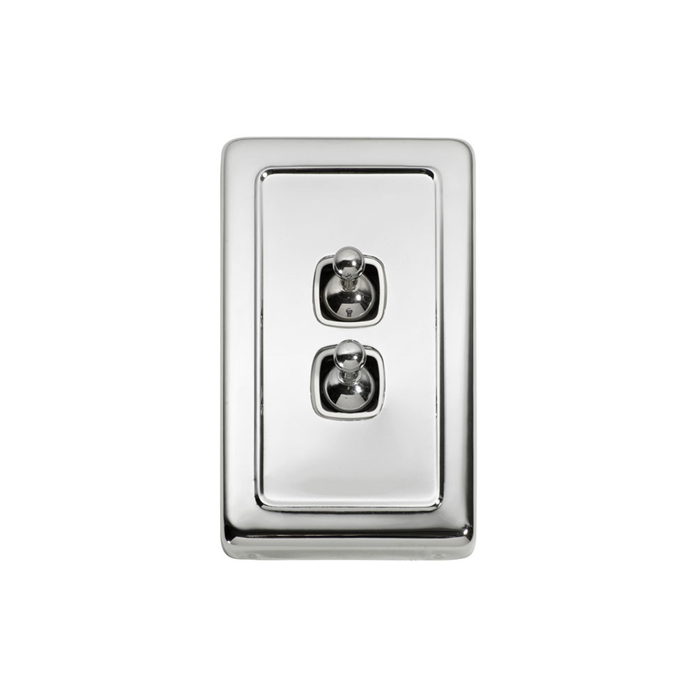 2 Gang Flat Plate Heritage Light Switches - Chrome Toggle