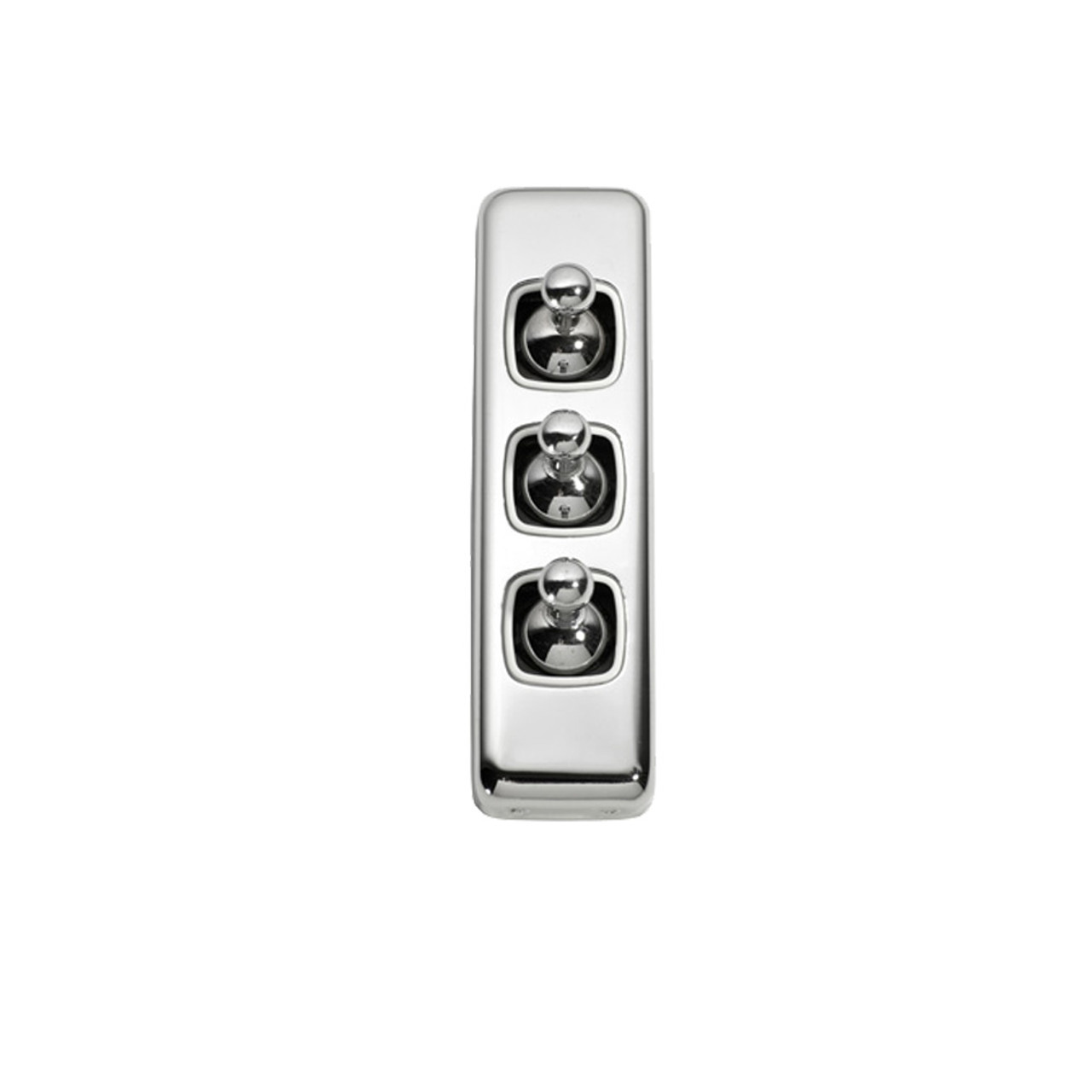 3 Gang Flat Plate Heritage Architrave Light Switches - Chrome Toggle with White Base