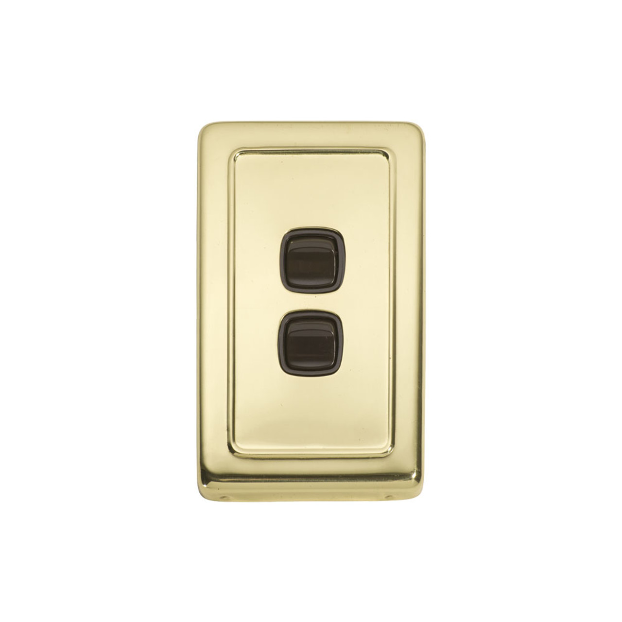 Classic 2 Gang Flat Plate Heritage Light Switch - Polished Brass Plate with Brown Rocker