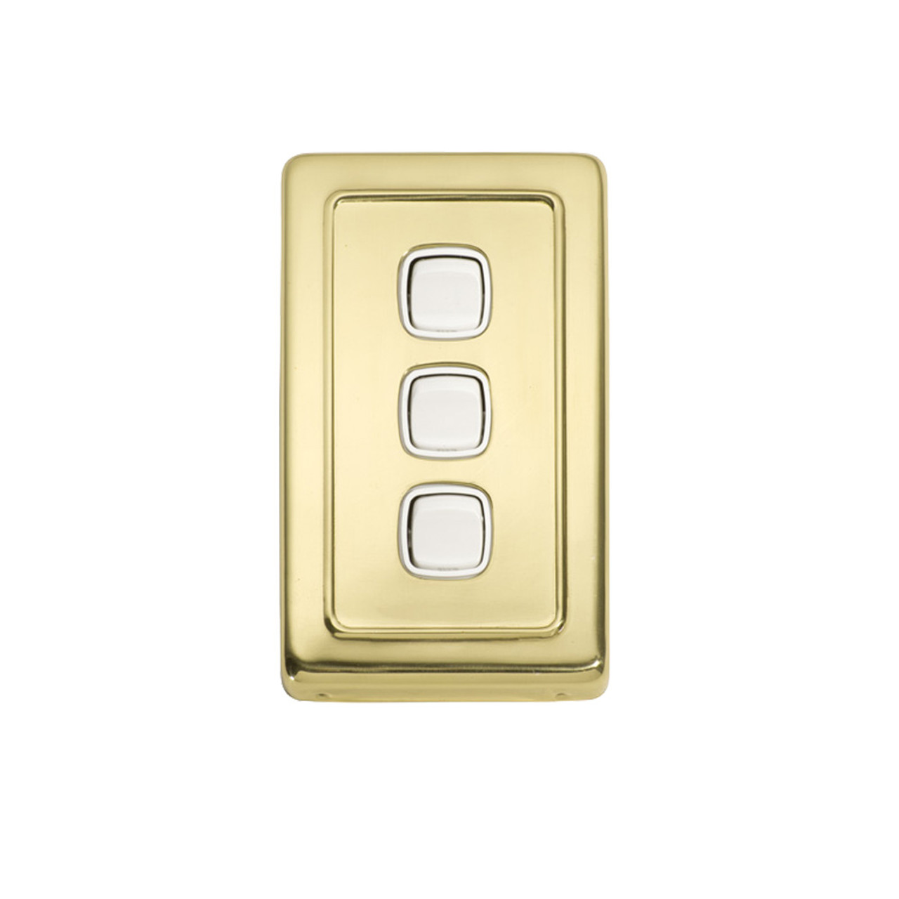 3 Gang Flat Plate Heritage Light Switch - Polished Brass Plate with White Rocker