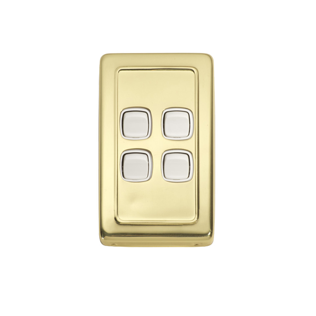 4 Gang Flat Plate Heritage Light Switch - Polished Brass Plate with White Rocker