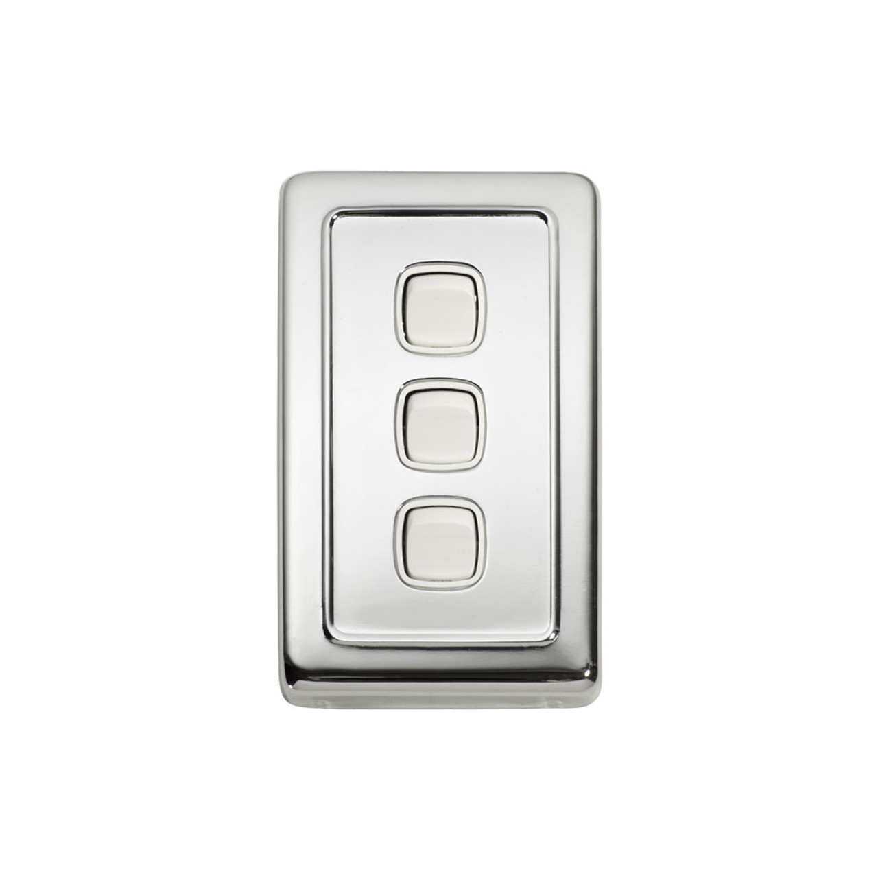 3 Gang Flat Plate Heritage Light Switch - Chrome Plate with White Rocker