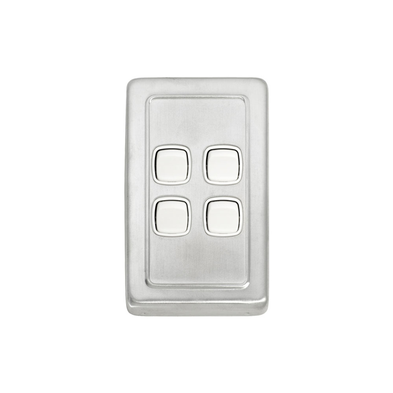 4 Gang Flat Plate Heritage Light Switch - Satin Chrome Plate with White Rocker