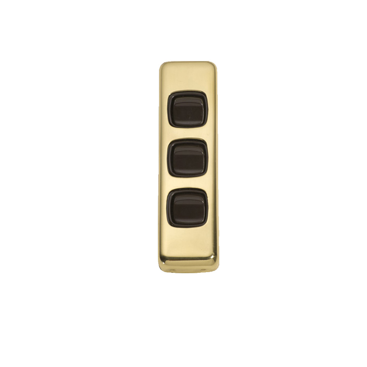 Classic 3 Gang Flat Plate Heritage Architrave Light Switches - Polished Brass Plate with Brown Rocker