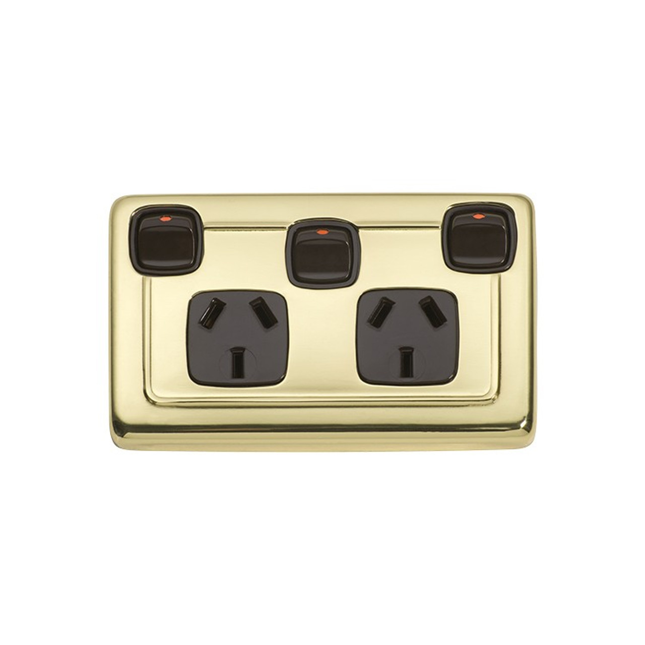 Classic Double GPO Flat Plate Heritage Power Point with Switch - Polished Brass with Brown Inserts 5807