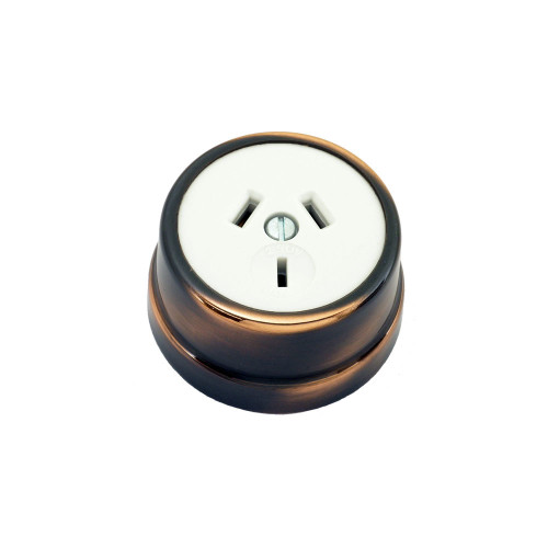 Heritage Clipsal Round Power Point Socket - White Socket with Florentine Bronze Cover