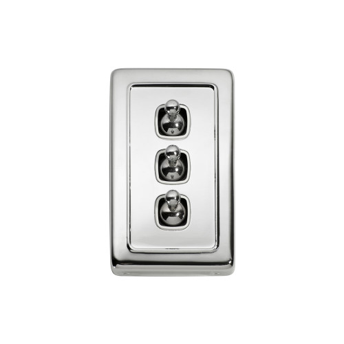 3 Gang Flat Plate Heritage Light Switches - Chrome Toggle