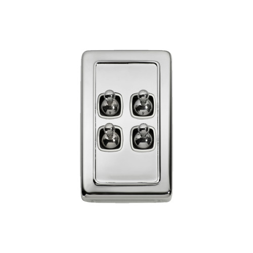 4 Gang Flat Plate Heritage Light Switches - Chrome Toggle