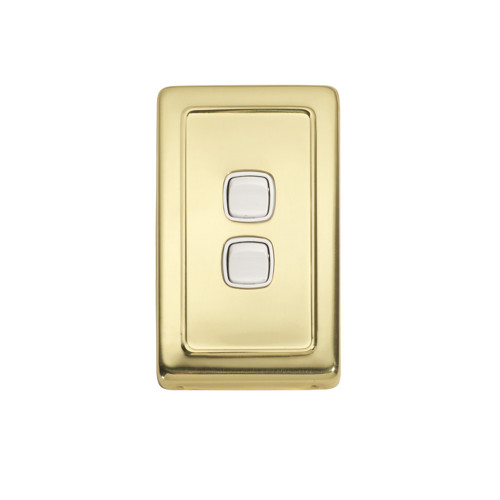 2 Gang Flat Plate Heritage Light Switch - Polished Brass Plate with White Rocker