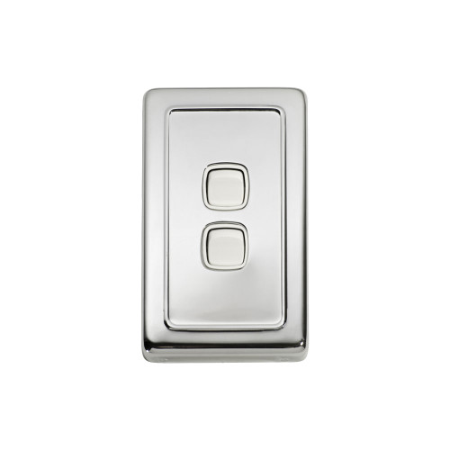 2 Gang Flat Plate Heritage Light Switch - Chrome Plate with White Rocker