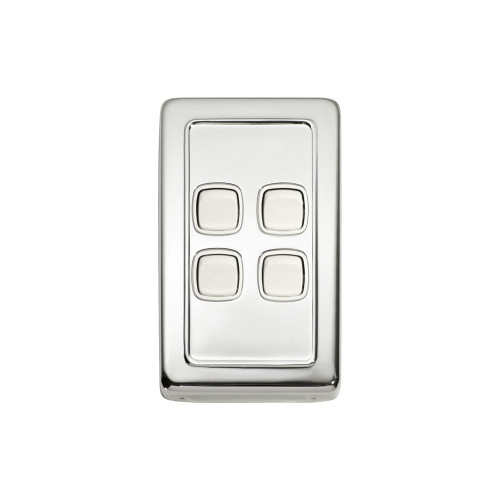 4 Gang Flat Plate Heritage Light Switch - Chrome Plate with White Rocker