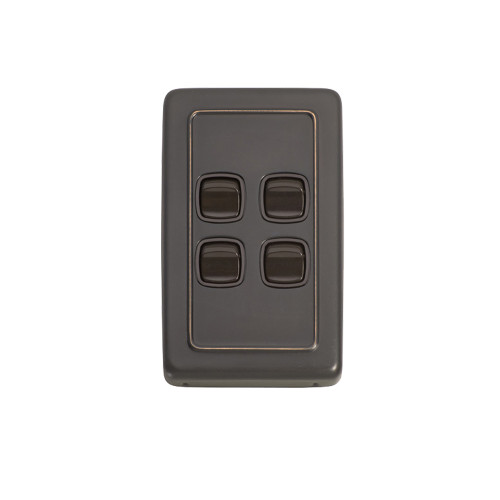 4 Gang Flat Plate Heritage Light Switch - Antique Copper Plate with Brown Rocker