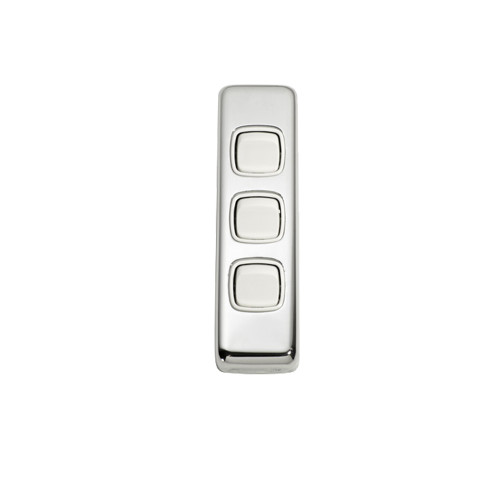 3 Gang Flat Plate Heritage Architrave Light Switches - Chrome Plate with White Rocker