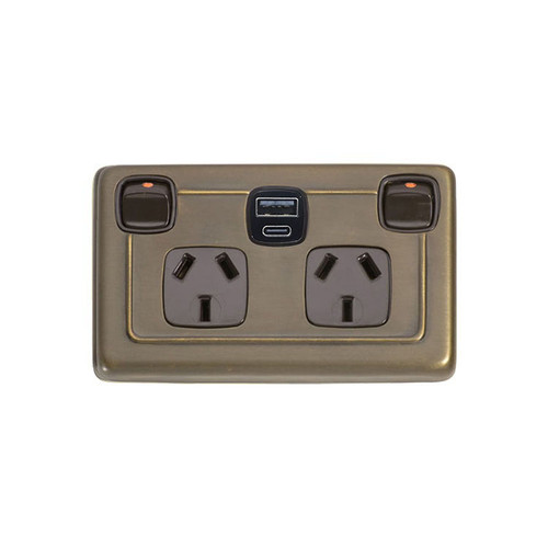 Antique Brass Double GPO with USB Outlet