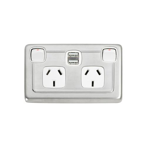 Satin Chrome Double GPO with Twin USB Outlet