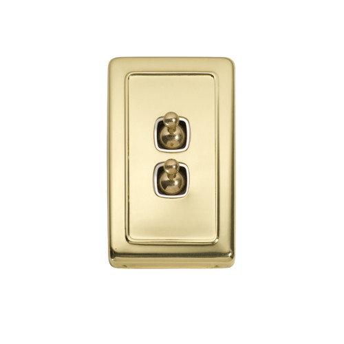 2 Gang Flat Plate Heritage Light Switches Brass Toggle with White