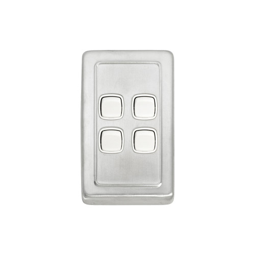 4 Gang Flat Plate Heritage Light Switch Satin Chrome Plate with White
