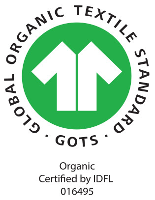 Logo of Global Organic Textile Standard (GOTS) featuring a white shirt icon on a green circle with certification details.