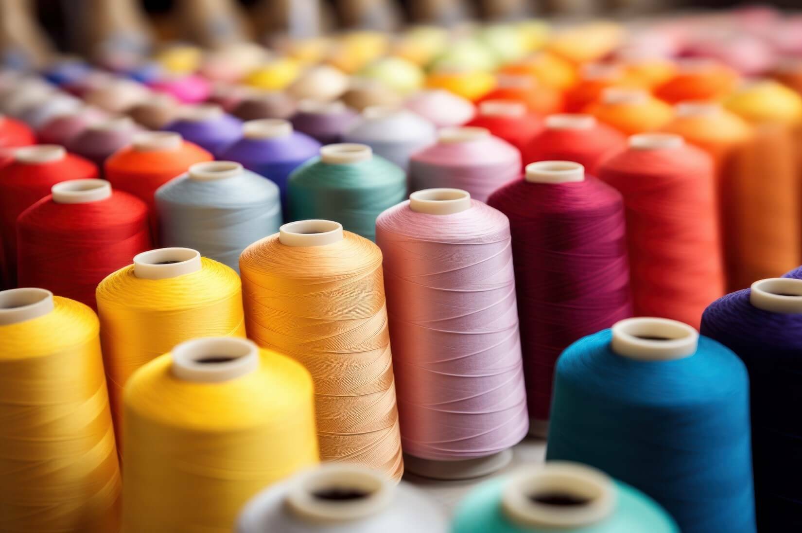 Colorful rows of thread spools for sewing.