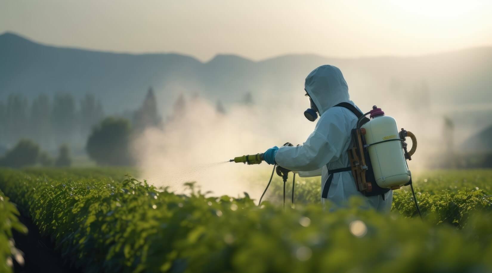 Farmer in protective gear spraying crops at dawn with misty mountains in background.