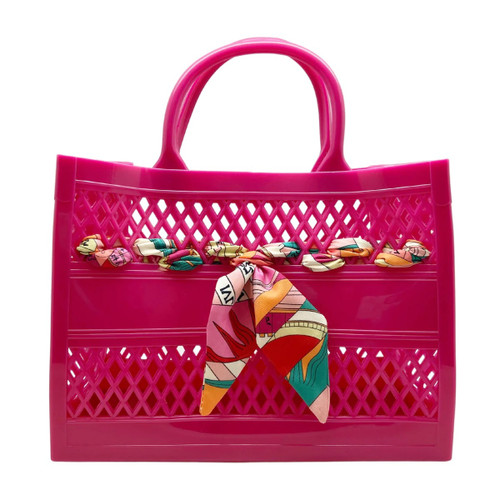 The Soleil Jelly Cutout Tote w/ Scarf, Hot Pink