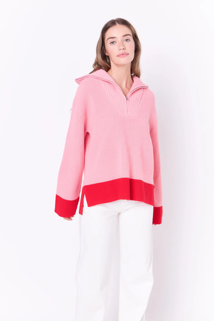 Contrast Zip Pullover, Red/Pink