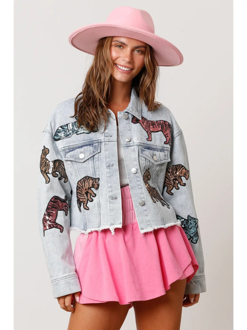 Sequin Tiger Denim Jacket, Washed Denim 