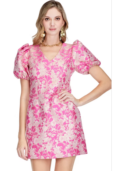 V Neck Fitted Dress, Pink & Gold Brocade