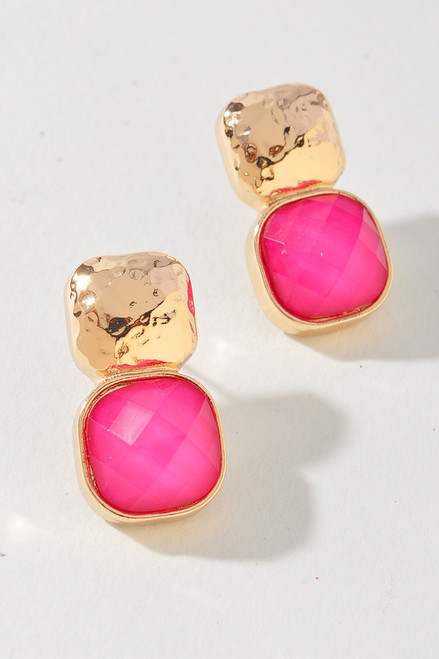 Hammered Metal Square Stone Earring, Pink Hammered Metal Square Stone Earring, Pink