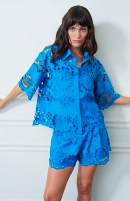 Malea Embroidered Lace Shirt  - Blue