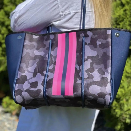 The Anillea Neoprene Tote, Blue Camo with Pink Racer