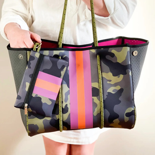 The Anillea Neoprene Tote, Green with Pink Racer