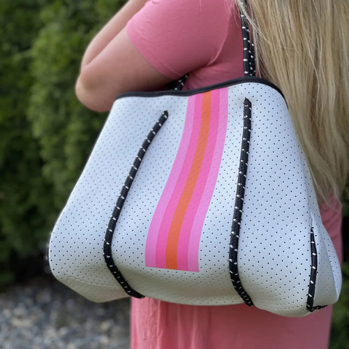 The Aniella Neoprene Tote - White with Hot Pink Racer Stripe