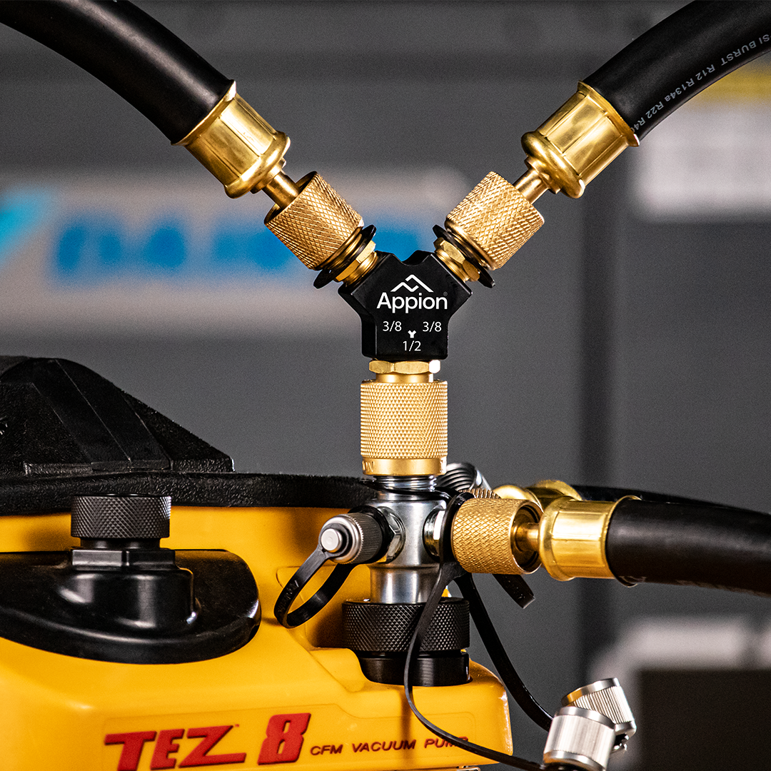 Appion SpeedKit-V setup on a TEZ8 vacuum pump showing Speed-Y and hoses connected
