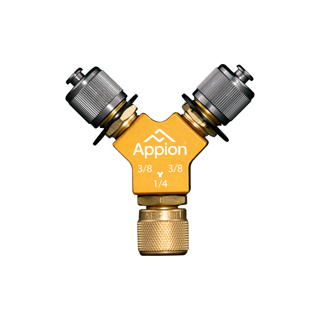 Appion SPDY14 1/4 inch Speed-Y fitting with two 3/8 inch male flare ports and one 1/4 inch female flare port