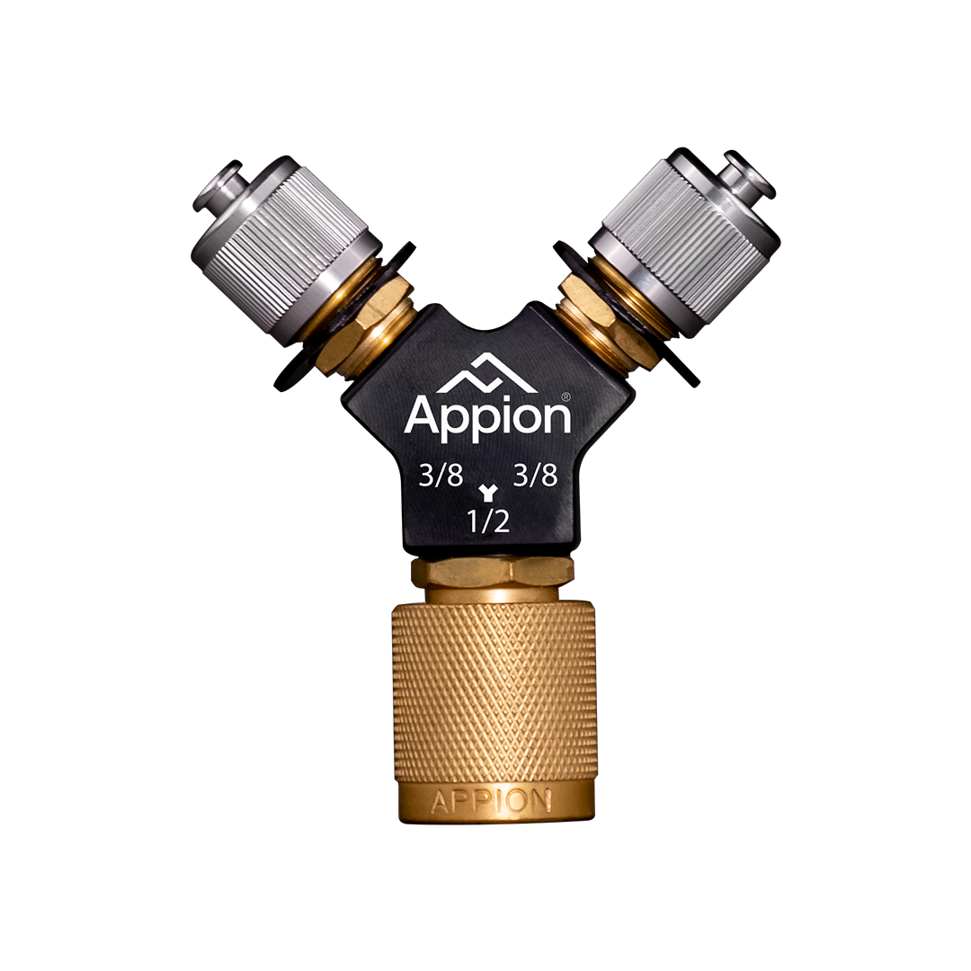 Appion SPDY12 1/2 inch Speed-Y fitting with two 3/8 inch male flare ports and one 1/2 inch female flare port